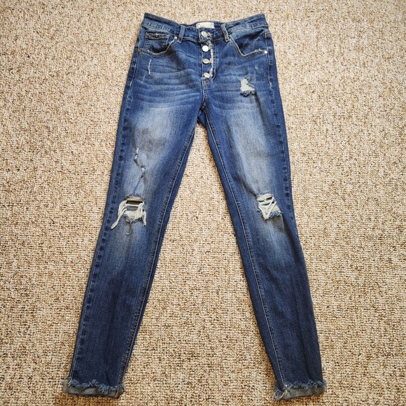 Tricot Distressed Skinny Jeans | Button Fly, Dark Wash Denim | Size 5/27 - Picture 1 of 9